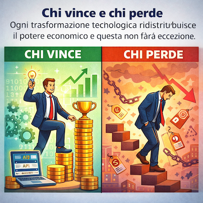 Schema di chi vince e chi perde nella transizione agli agenti AI
