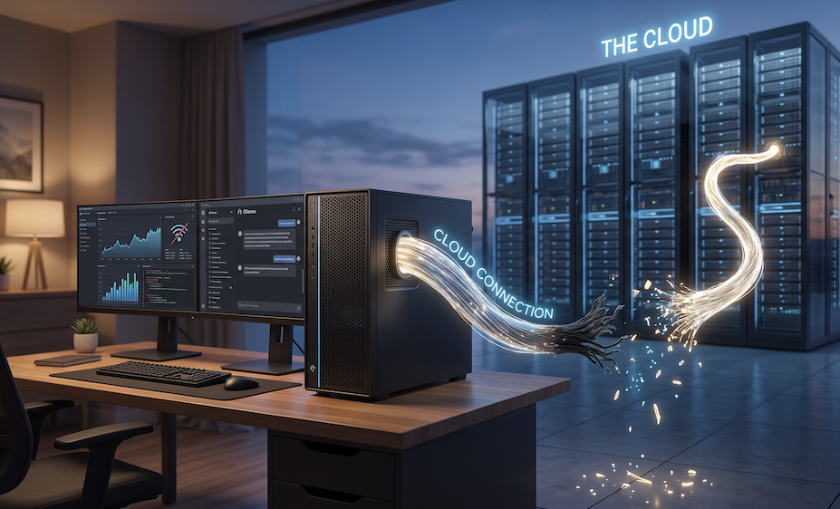 Cordone ombelicale digitale reciso tra utente e datacenter cloud, simbolo dell'indipendenza dell'IA locale