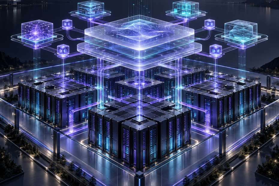Rappresentazione della Sovereign AI Architecture: modelli modulari collegati a un control plane sopra un’infrastruttura GPU.